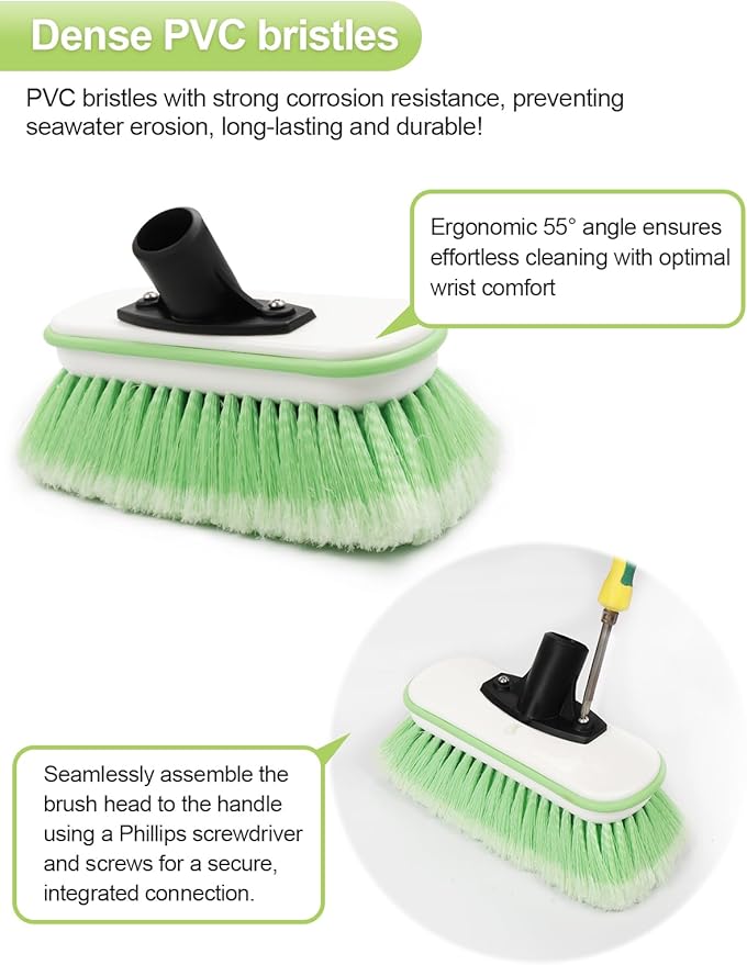 Boat Brush Telescoping Handle 4 Section Marine Scrub Extendable 20" to 62" Metal Connector Deck Auto Window Wall Floor Cleaning Heavy Duty 9.5" x 4.7"x3.5" Head