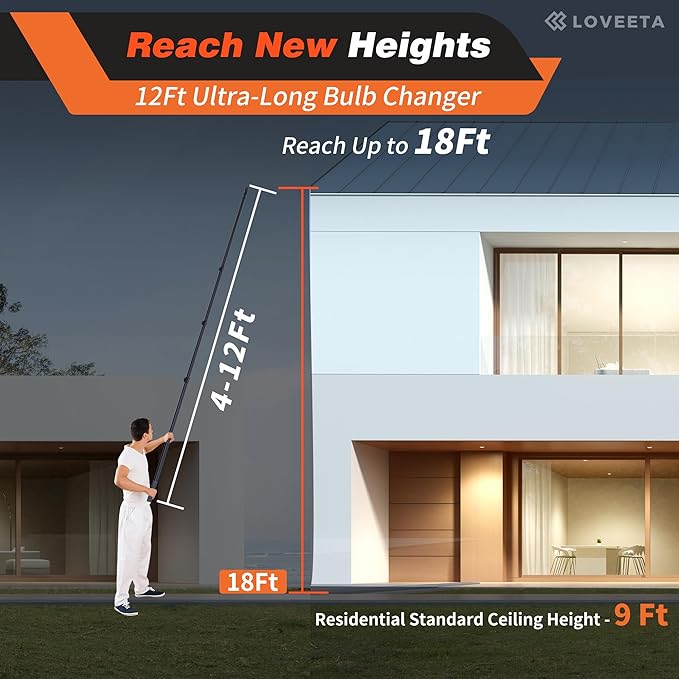 LOVEETA® Gen2 12Ft [18Ft Reach] Extendable Light Bulb Changer Pole for High Ceilings – Telescopic Light Bulb Pole Changer with Bulb Gripper, Chandelier Lights - Jet Black