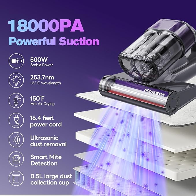 Mxnsewr Mattress Vacuum Cleaner, Ultrasonic Bed Vacuum Cleaner with 18Kpa Strong Suction, 150°F Heat & 253.7nm UV-C Light, Intelligent Dual Cup, One-Click Dust Removal for Bed, Sofa, Carpet, Gray