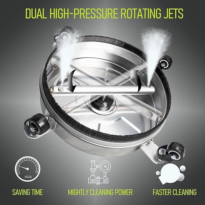 Hourleey 14" Pressure Washer Surface Cleaner, Stainless Steel Surface Cleaner with 4 Wheels for Concrete, Patio, Sidewalk, Deck, Pathway 1/4" Quick Connector, 2 Extension Wand, 4000 PSI