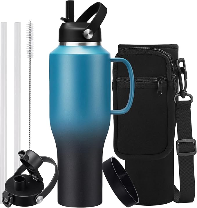 40 oz Insulated Cup with Handle - Stainless Steel Water Bottles with Straw & Auto Chug Lids, Carrier Pouch, Water Metal Coffee Tumblers Metal Flask, Fits in Cup Holder Leak Proof, Keep Cold 48h