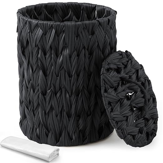 Ctosree 1.3 Gallons Small Trash Can with Lid Handle Boho Woven Braided Bathroom Waste Basket Trash Can with 100 Garbage Bags for Bedroom Office Laundry(Braided Polypropylene, Black)