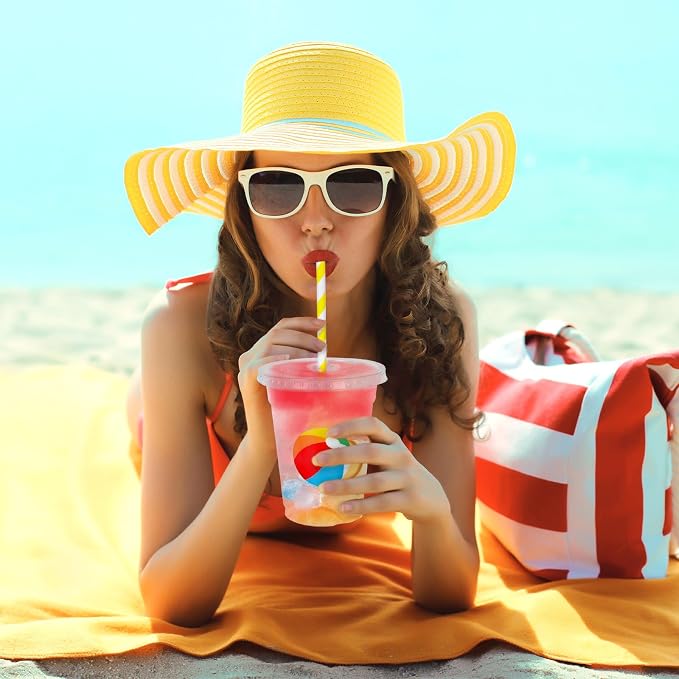 Whaline 50Pcs Beach Ball Disposable Plastic Cups with Lids and Straws 12Oz Summer Pool Ball Cold Beverage Drinking Cup for Beach Pool Birthday Party Supplies