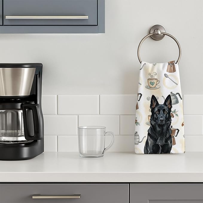 Caroline's Treasures Black German Shepherd Coffee Bar Kitchen Towel Velour Plush Front and Cotton Loop Back Machine Washable