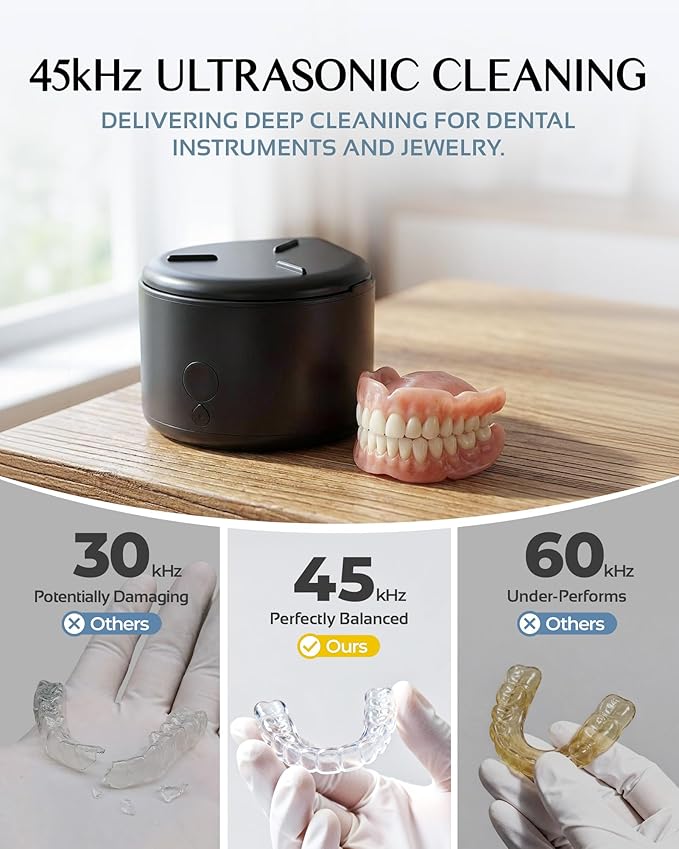 45khz Ultrasonic Retainer Cleaner Machine, Dental Cleaning Pod with 4 Modes & Digital Timer, Mouthguard Cleaner for Dentures, Aligners, Mouth Guards, Night Guards, Jewelry