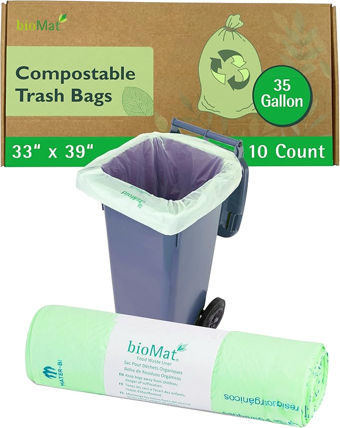 bioMat Compostable Trash Bags 35 Gallon, 10 Count, Tall flat top Kitchen Food Scrap Bin Liners, BPI, CMA and OK Compost HOME certified, Meets the ASTM D6400 Standard