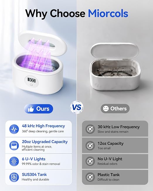 Miorcols Ultrasonic Jewelry Cleaner, Ultrasonic Cleaner Machine with Digital LED Display, 20oz 304 Stainless Steel Tank for Jewelry, Eyeglasses, Watches, Dentures, Retainers & More - White | 48KHz Extra High-Frequency Large 20Oz Capcity 2 Easy Operated...