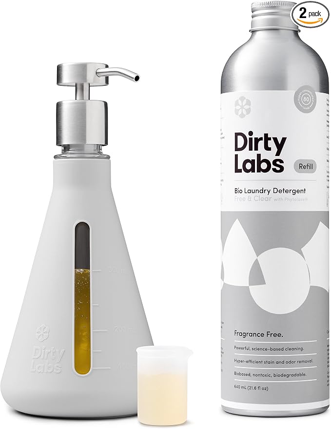 Dirty Labs | Bio-Liquid Laundry Detergent Refill & Pump Set | Free & Clear | 80 Loads (21.6 fl oz) & Pump | Hyper-Concentrated | High Efficiency & Standard Machine Washing | Nontoxic, Biodegradable