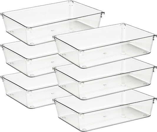 Ravinte 6 Pack Drawer Organizer - 6" X 9" Plastic Storage Bins, Acrylic Organizers with Non-Slip Pads Clear Desk Storage Tray for Makeup, Jewelries, Kitchen Utensils, Bathroom and Office