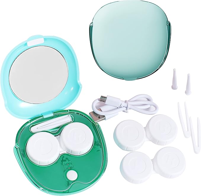 Contact Lens Cleaner Machine, Portable Ultrasonic Cleaning With USB Charger Mirror Tweezers Remover Tool Replaceable Contact Lens Case for Daily Outdoor (green)