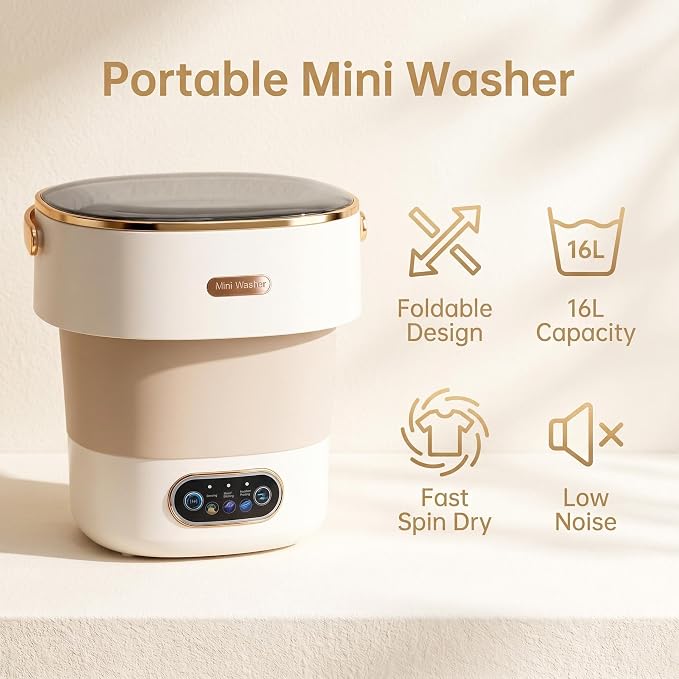 Portable Collapsible Mini Washer with 3 Cleaning Modes & Drain Basket, 16L Foldable Small Laundry Machine for Travel Camping Dorms RV Apartments, Baby Clothes Underwear Socks Delicates (khaki)