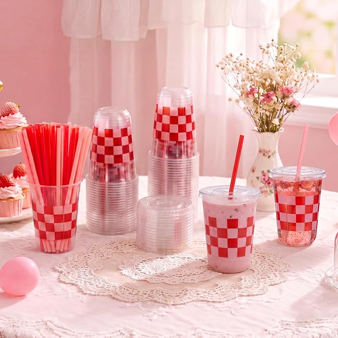 LemonRoad 50sets 16oz Red Checkered Cups Race Car Birthday Party Decorations Supplies Plastic Cups Disposable with Lids and Straws for Racing Party Christmas Birthday Wedding Baby Shower Decoration