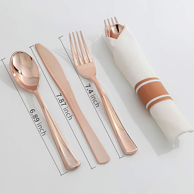 Supernal 30 Pack Pre Rolled Rose Gold Plastic Silverware with Linen Feel Napkin, Heavy Duty Disposable Wrapped Cutlery Set for Bridal Showers, Weddings, Birthdays & 2026 Graduations