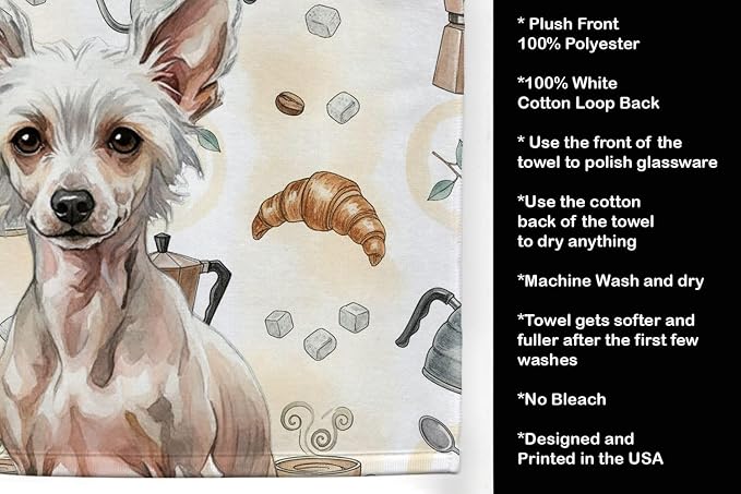Caroline's Treasures Hairless Chinese Crested Coffee Bar Kitchen Towel Velour Plush Front and Cotton Loop Back Machine Washable