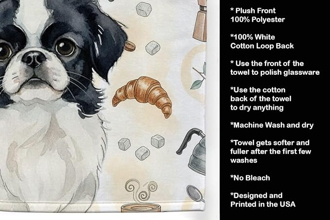 Caroline's Treasures Black and White Japanese Chin Coffee Bar Kitchen Towel Velour Plush Front and Cotton Loop Back Machine Washable