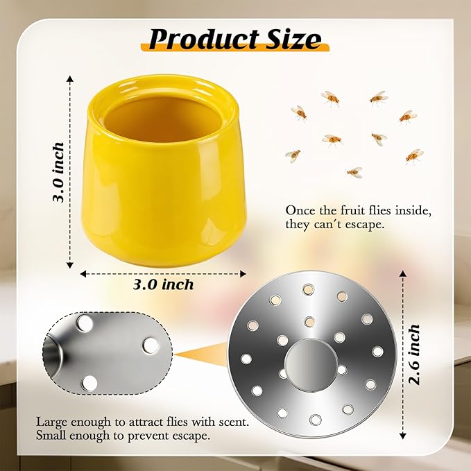 Ceramic Fruit Fly Trap for Indoors, Reusable Kitchen Fly Catcher with Stainless Steel Vent Lid, Uses Safe & Natural Vinegar Bait Trap, Dishwasher Safe, Easy to Use (Yellow,1 Pack)