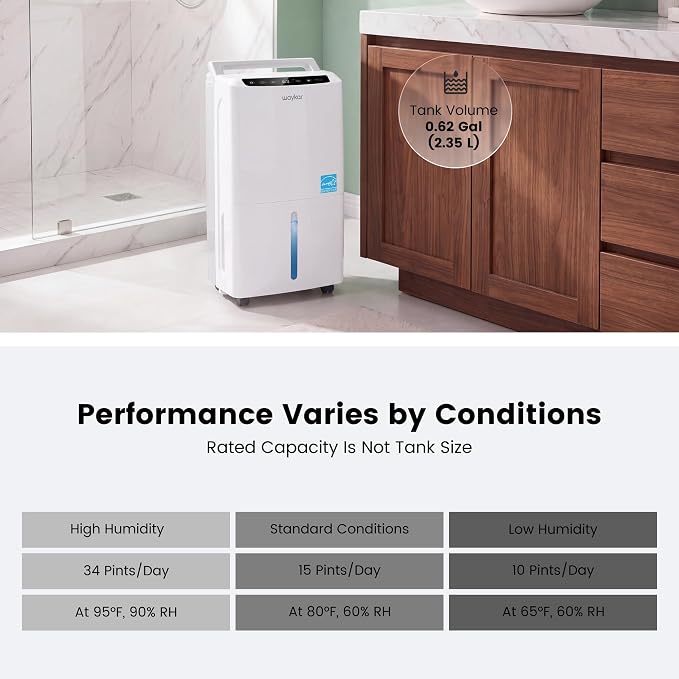 Waykar 2000 Sq. Ft 34 Pints 2025 Most Efficient Energy Star Dehumidifier for Home and Basement with Auto or Manual Drainage, 0.62 Gallon Water Tank Capacity