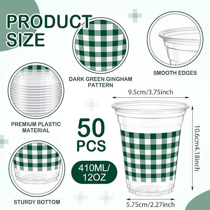 Qinyoung Checkered Plastic Cups 12oz Gingham Party Disposable Cups Bulk Drinking Cup for Cold Drinks Baby Shower Wedding Summer Birthday Party Supplies(Dark Green and White,50 Pcs)