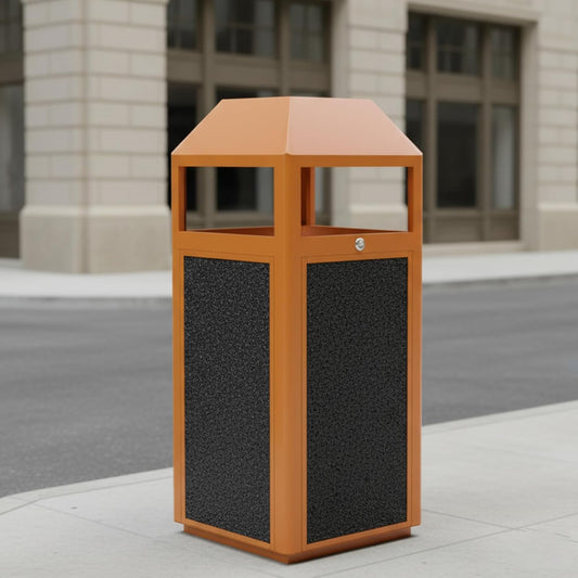 Commercial Metal Outdoor Trash Can with Lid, Lockable Outdoor Garbage Can with Nature Stone Panels, Heavy-Duty Rustproof Trash Bin with Removable Liner for Parks & Public Spaces