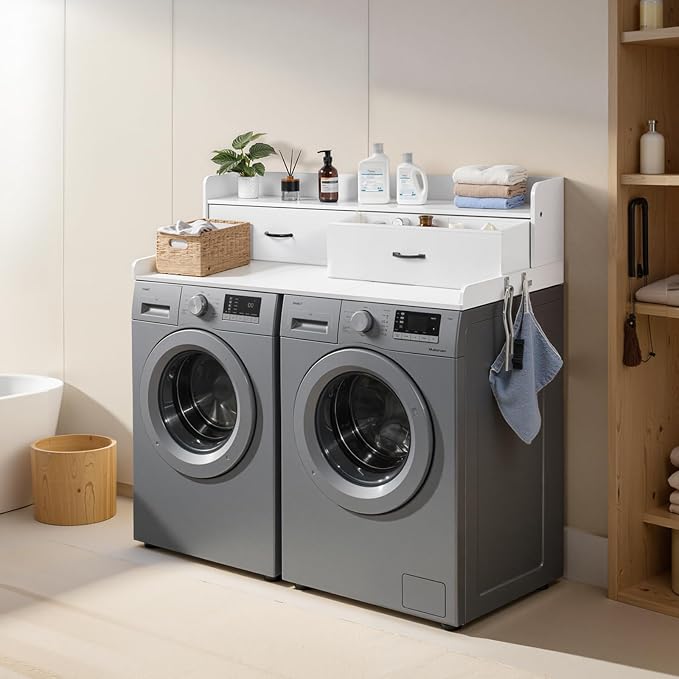 VEVOR 2 Drawers Washer Dryer Countertop with Shelf, 54" x 27" Wooden Laundry Countertop with 2 Hooks & Splicing Panels, Washer and Dryer Topper, Laundry Room Organization and Storage, White