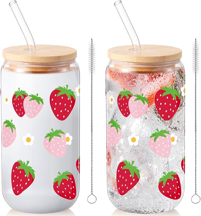 Sliner 2 Pcs Strawberry Glass Cups Summer Drinking Glasses 16 oz Iced Coffee Tumbler with Lid and Straw Summer Gifts Cups Home Office Decorations