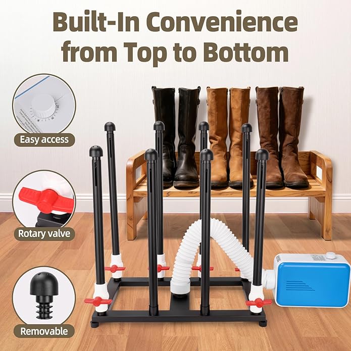 Boot Dryer, 4-Pair Upgraded Heat Blower, Fast Drying Deodorizer with 8 Air Ducts, US Plug for Work Boots, Gloves, Helmets, Home & Travel Black