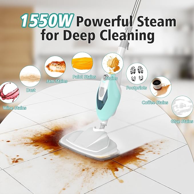 Steam Mops for Floor Cleaning, Handheld Steam Cleaner for Home, Lightweight All in 1 Steam Mop Detachable Steamer for Hardwood Floor Tile Couch, 2 Washable Pads, 1550W Deep Cleaning, White and Green