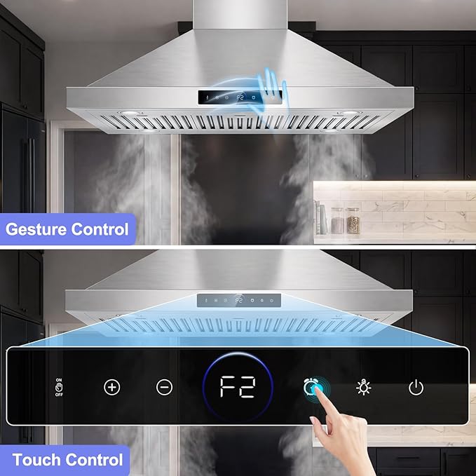 36 inch Island Range Hood Ceiling Mount 1200 CFM with 4-Speed Gesture Sensing & Touch Control, Ducted/Ductless Stainless Steel Kitchen Stove Vent Hoods with 4 LED Lights, Timer,Dishwasher-Safe Filters