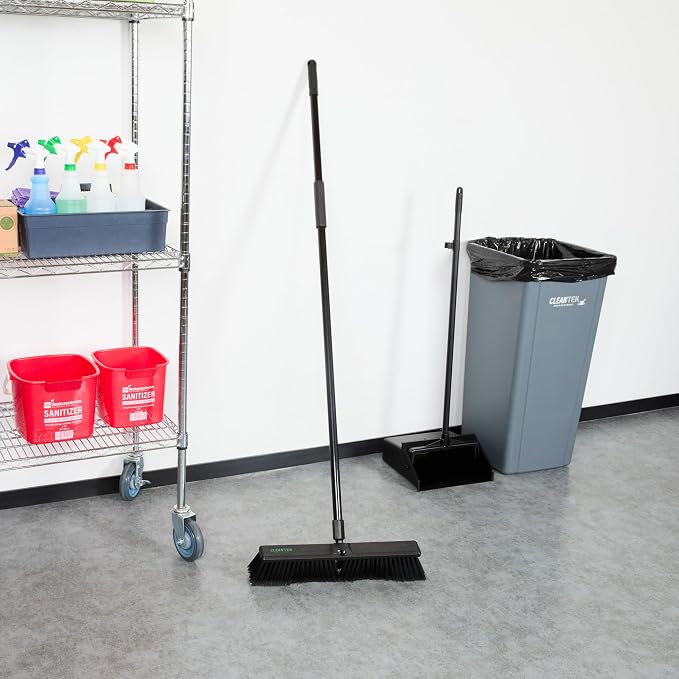 Restaurantware-Clean Tek Professional 17.13 Inch Push Broom, 1 Heavy-Duty Broom with 59” Handle - Fine Bristles, 2 Handle Attachment, Wooden, Commercial Use, for Deck, Garage, Yard, Patio
