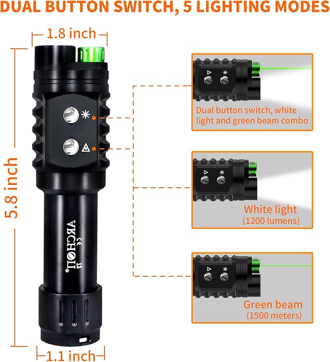 ARCHON J2 Diving Flashlight, 2-in-1 Scuba Dive Light with 1200 Lumens White Spotlight，1500 Meters Green Beam, Underwater 100 Meters Waterproof, Dual-Button Switch