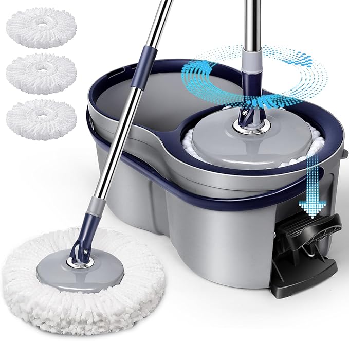 Spin Mop and Bucket Set,Masthome EasyWring Microfiber Spin Mop with 3 Mop Pads,Pedal Spinning Mops and Bucket with Wringer Set for Floor Cleaning - Home & Office Suitable