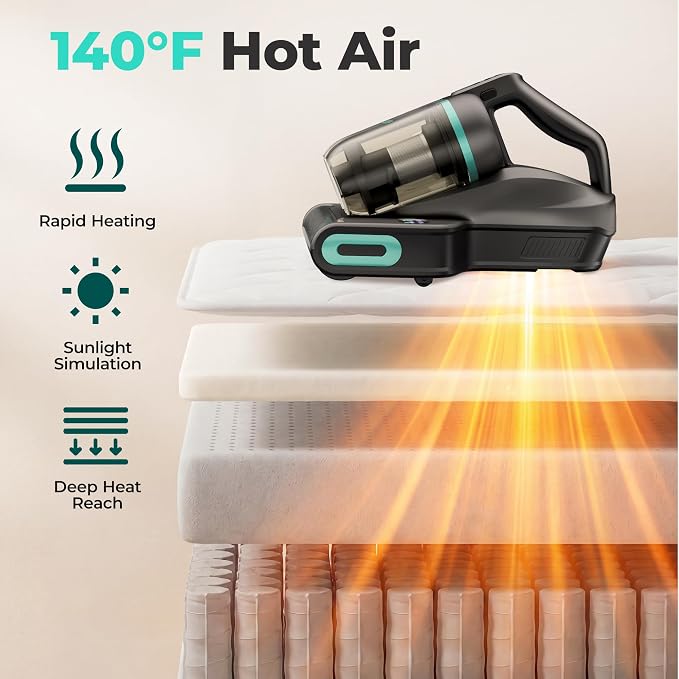 HAUSHOF Cordless Mattress Vacuum Cleaner, Bed Vacuum Cleaner with 275nm UVC Light, 17kPa, 140°F Heat, H12 HEPA Filter, 16.9oz Dual Cup, Vacuum for Couch, Bed, Furniture, Mattress Cleaning