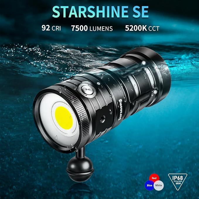 Starshine SE 7500 Lumens Dive Light - Professional Underwater Video Light with 92 CRI, 5200K White Light, USB-C Rechargeable, for Diving/Underwater Photography (IP68 Waterproof, 100m Depth)
