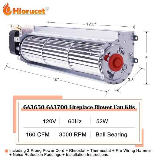Hiorucet Upgraded Blower Fan Kits for Desa Fireplace Parts, GA3750A, GA3750, GA3700, BK BKT GA3650 Low Noise Fireplace Blower Motor for Desa Tech, FMI, Vanguard, Vexar, Comfort Flame, Astria Fireplace