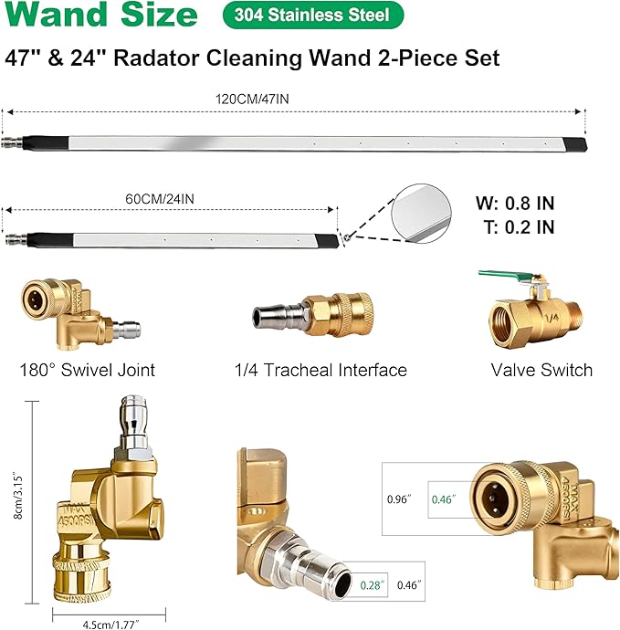 Radiator Cleaning Wand 47" & 24", Pressure Washer Wand Radiator Cleaner w/25°Fan Nozzle, 4500 PSI Water/Air Dual Radiator Cleaning Tool with Brush, Quick Coupler, Home Car Truck RVs Power Washer Wand