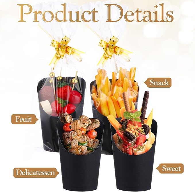 Bokon 100 Set 14 oz Charcuterie Cup with Stick and Bag, Disposable French Fries Snack Popcorn Dessert Fruit Holder for Birthday Wedding Graduation Party Supplies(Black)
