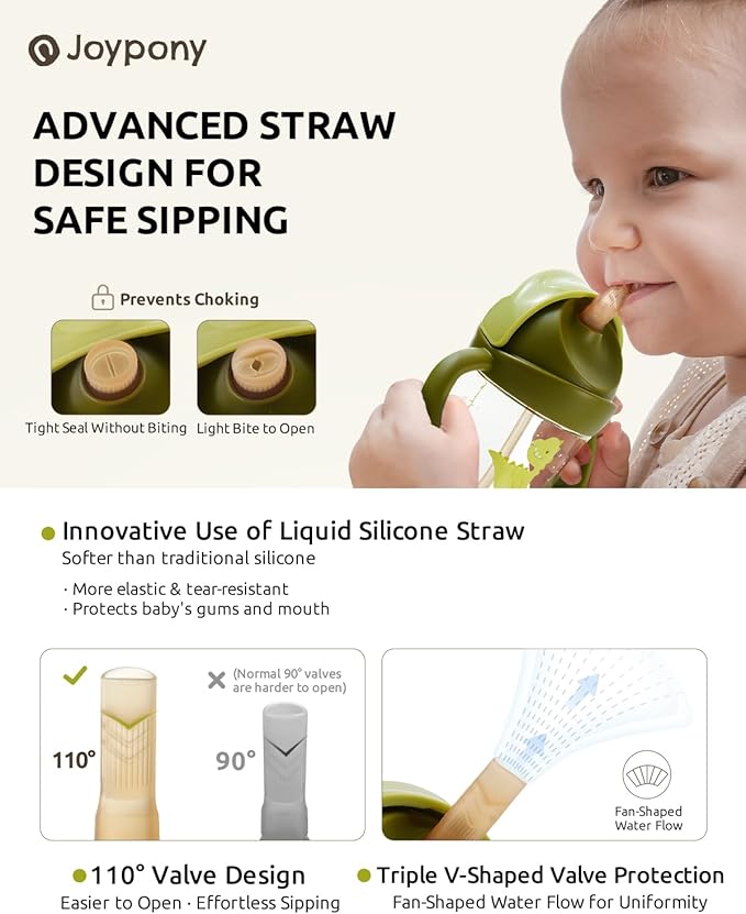 Joypony Sippy Cups for Toddlers 1-3, Spill Proof Weighted Straw Cup with Handle for Baby 6 Months + old, 2 Pack, Total 4 Silicone Straws, PPSU, BPA Free, 9 oz (Green)