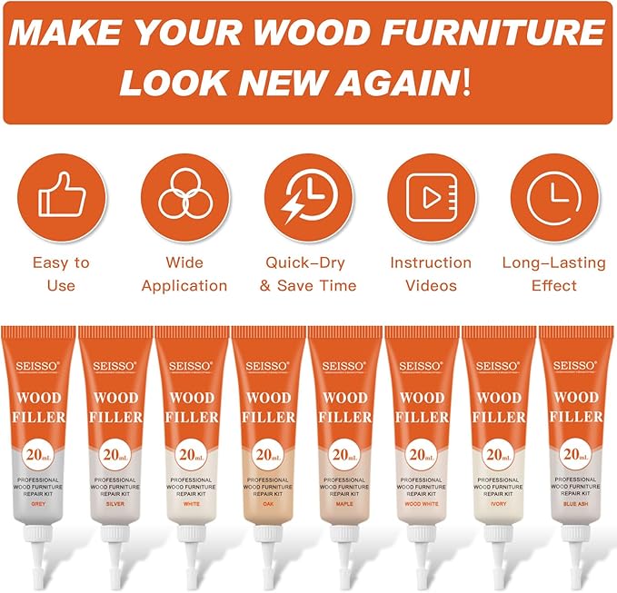 SEISSO Wood Repir Kit, 8 Colors Touch up Fillers, Wood Putty with Wood Polish Wax - Restore Stains, Scratch, Cracks, Hole, Hardwood Furniture Repair Kit for Cabinet, Floor, Door, Table