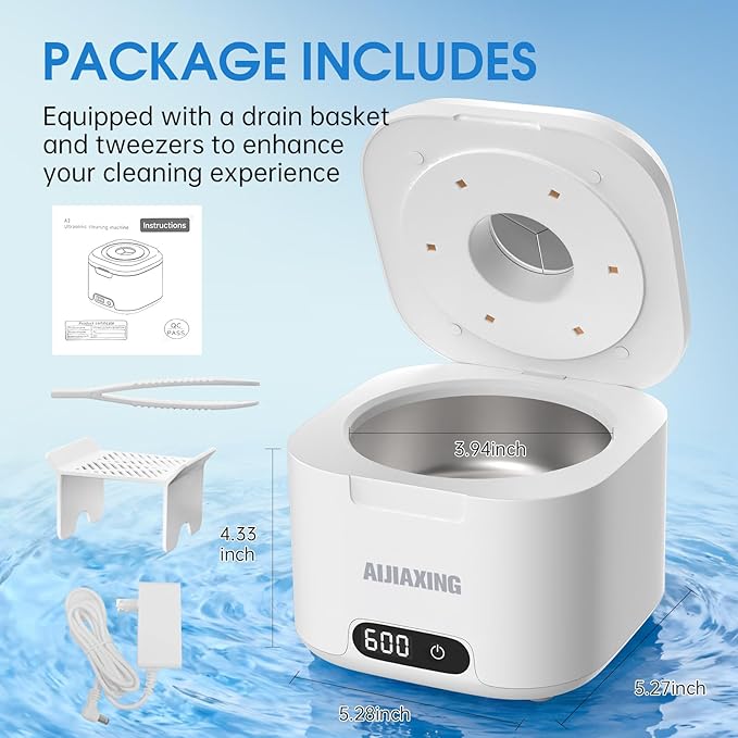 Ultrasonic Retainer Cleaner Machine with UV Light, 49kHz Dental Pod Cleaner with Digital Timer, 340ML Stainless Steel Tank for Retainer, Aligners, Dentures, Mouth Guards, Night Guards & Jewelry, White