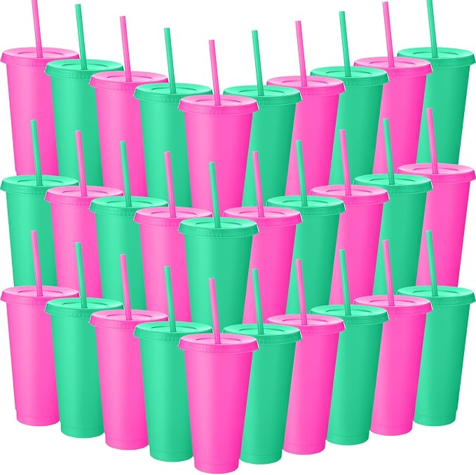 Honeydak 30 Pack Tumbler with Straw and Lid Bulk Cups for Gifts Water Bottle Iced Coffee Travel Mug Cup Reusable Plastic Tumblers for Party Birthdays 24-27 oz (Cyan and Rose Red Color)