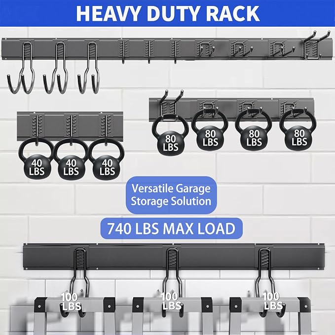 Shed Tool Organizer Wall Mount, 64inch Heavy Duty Garden Tool organizer Storage System, Easy Install With 10 Adjustable Hooks, For Garage, Basement, Shed, Workshop(Black)