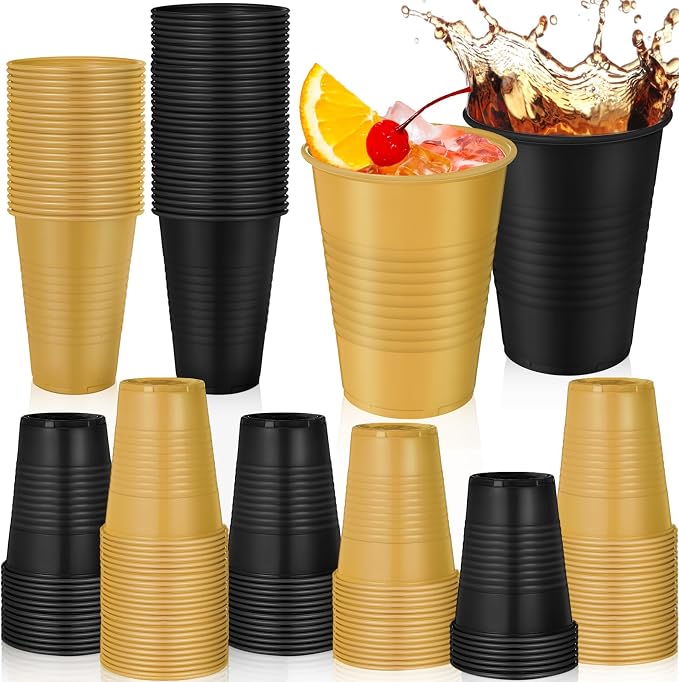 Funnymoom 100 Pcs Black and Gold Plastic Cups, 12 oz Disposable Party Cups for Graduation, Ceremony, Wedding Reception, Birthday Party Supplies