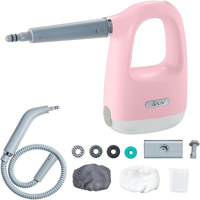 SALAV® CleanSteam Compact Steam Cleaner Pressurized Multi-Surface Handheld Steamer w/11pc Accessories, Safety Lock No-Drip Fast Heat Time Unlimited Use, for Cleaning Windows, Tiles, Grout, Car (Pink)