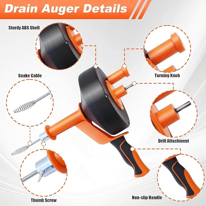 Drain Auger 25ft Clog Remover with Drill Adapter, Flexible Plumbing Snake for Kitchen, Bathroom & Shower Sinks, Hair Clog Remover, Manual or Drill Powered, Full-Set Included