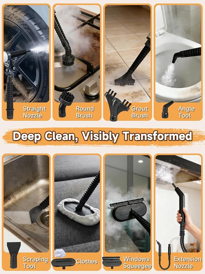 Killrose Handheld Steam Cleaner, Pressurized Steam Cleaner with 10–15s Fast Heat, Dual Power Modes & Self-Clean, Multi-Surface Steamer with 12 Accessories for Kitchen, Bathroom
