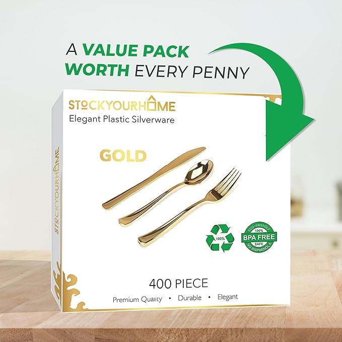 Gold Plastic Silverware Set (400-Pack) – Disposable Heavy Duty Cutlery, 134 Forks, 134 Knives, 134 Spoons for Parties, Weddings, Dinners & Holidays