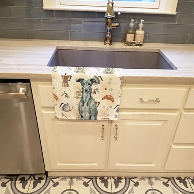 Caroline's Treasures Blue Brindle Greyhound Coffee Bar Kitchen Towel Velour Plush Front and Cotton Loop Back Machine Washable