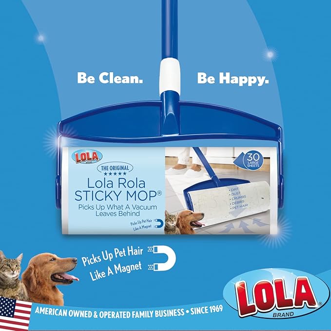 LOLA Rola Sticky Mop Refills, Giant Adhesive Roller, Traps Dirt, Dust & Hair, 30 Sheets, Pet Hair Remover, Floor & Carpet Cleaner, 1 Pack
