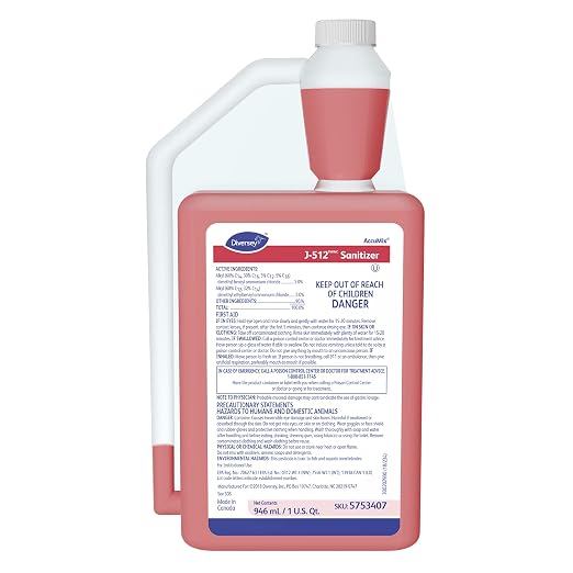 Diversey 5753407 J-512 Sanitizer, Final Step No Rinse Food Contact Kitchen Sanitizer for Utensils & Dishes, AccuMix Concentrate, 32-Ounce