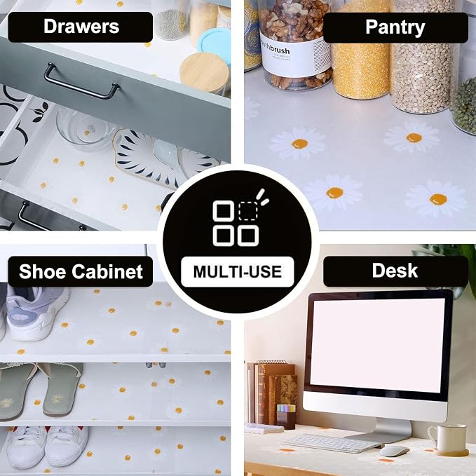 INNOLITES Shelf Liners for Kitchen Cabinets – Drawer Liner Waterproof & Oil-Proof, Non-Adhesive EVA with Floral Pattern – Durable Washable, Easy to Clean (Clean Daisy, 17.5" x 78.7")